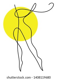 A sketch of a dancing woman in front of sun, vector, color drawing or illustration. 