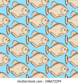 Sketch dangerous piranha in vintage style, vector seamless pattern