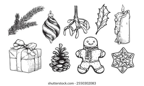 Sketch decoration Christmas set. Gift box, gingerbread, holly, fir branches, pine cone. Hand drawn sketch style. Vector illustrations.