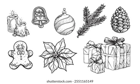 Sketch decoration Christmas set. Gift box, gingerbread, holly, fir branches, pine cone. Hand drawn sketch style. Vector illustrations.