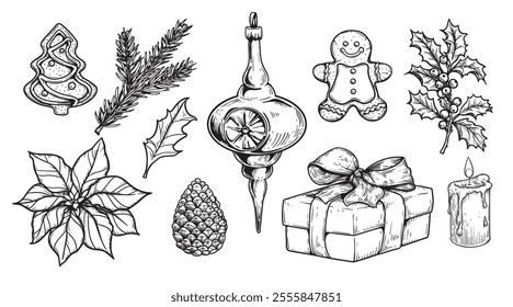 Sketch decoration Christmas set. Gift box, gingerbread, holly, fir branches, pine cone. Hand drawn sketch style. Vector illustrations.