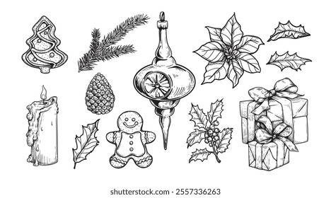 Sketch decoration Christmas set. Gift box, gingerbread, holly, fir branches, pine cone. Hand drawn sketch style. Vector illustrations.