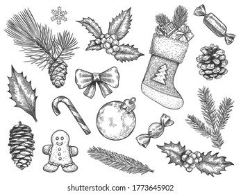 Sketch decoration xmas set. Christmas and happy new year symbols. Sock and gift, gingerbread, holly fir branches, pine cone vector elements. Hand drawn sweet, christmas ball, candy cane