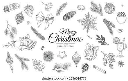 Sketch decoration xmas set. Christmas hand drawn vintage holly, toys, winter tree, winter s flowers and cones