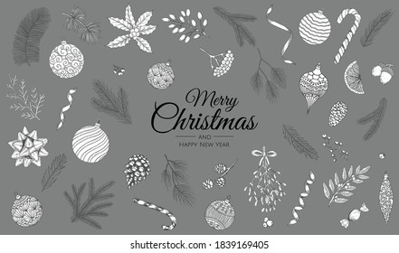 Sketch decoration xmas set. Christmas hand drawn vintage holly, toys, winter tree, winter s flowers and cones