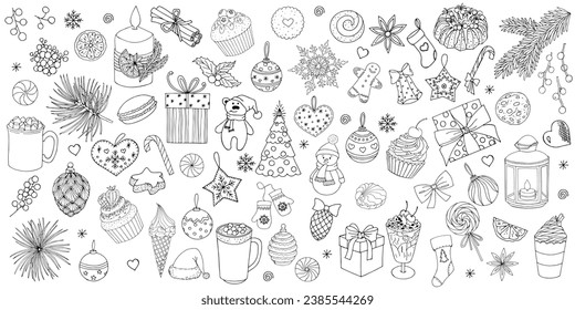 Sketch decoration xmas set. Christmas and happy new year symbols. Sock and gift, gingerbread, holly fir branches, pine cone vector elements. Hand drawn sweet, christmas ball, candy cane