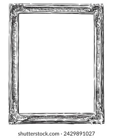 Sketch of decorative carved wooden frame in retro style, vector hand drawing isolated on white