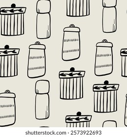 Sketch Decorative Pottery Ceramic Jar Seamless Pattern. Various Handmade Decorative Bottle Wallpaper. Vector Graphic Repeat Contemporary Background. Simple Surface Design for Print Art