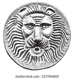 Sketch of decorative round architectural detail in shape of lion head on wall old building