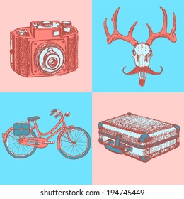 Sketch deer with mustache, suitcase, bicycle and photo camera, vector hipster background 