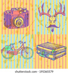 Sketch deer with mustache, suitecase, bicycle and photo camera, vector hipster background 