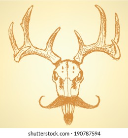 Sketch deer with mustache, vector vintage background