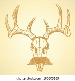 Sketch deer with mustache, vector vintage background 