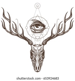 Sketch of deer skull and all seeing eye. Outline vector illustration for tattoo, printing on t-shirts, posters and other items.