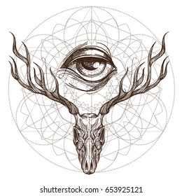 Sketch of deer skull and all seeing eye. Outline vector illustration for tattoo, printing on t-shirts, posters and other items.