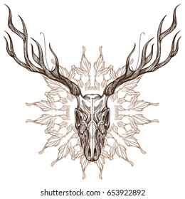 Sketch of deer skull with decorative floral ornament. Outline vector illustration for tattoo, printing on t-shirts, posters and other items.