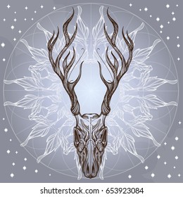 Sketch of deer skull with decorative floral ornament. Vector illustration for posters, cards and other items.