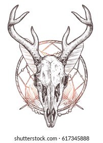 Sketch Of Deer Skull With Dreamcatcher And Feathers. Boho Hand Drawn Illustration