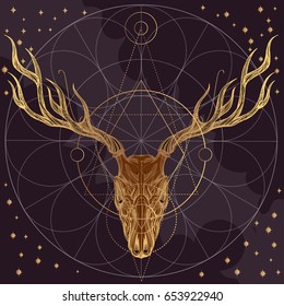 Sketch of deer skull on dark purple background. Vector illustration for posters, cards and other items.