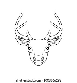 Sketch of deers head, portrait of forest animal black and white hand drawn vector Illustration