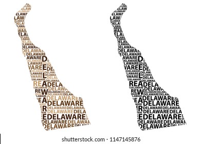Sketch Delaware (United States of America, The First State, The Small Wonder, Blue Hen State, The Diamond State) letter text map, Delaware map - in the shape of the continent, Map Delaware - brown 