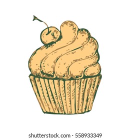 Sketch a delicious cake. Sweet clipart. With a cream. With delicious cherries. Vector isolated image. Bread products. Unique works for Your business.
