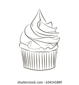 Sketch of a delicious cupcake on a white background. Vector illustration,