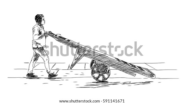 Sketch of delivery man carrying wooden car\
in vector illustration.