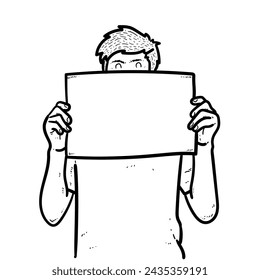 Sketch democracy demonstration Blank paper hold by hand with happy face man boy guy white Background vector modern illustration