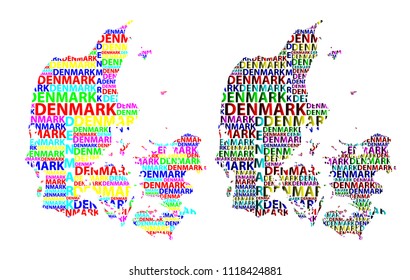 Sketch Denmark letter text map, Denmark - in the shape of the continent, Map Kingdom of Denmark - color vector illustration