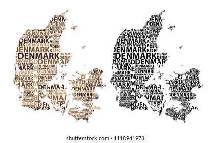 Sketch Denmark letter text map, Denmark - in the shape of the continent, Map Kingdom of Denmark - brown and black vector illustration