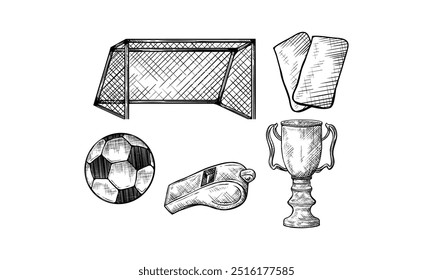 A sketch depicting essential soccer game elements, including a ball, goal, whistle, red and yellow cards, and a championship trophy.