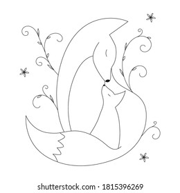 Sketch depicting a Fox and a Fox cub. The mother and child. White background. Black lines.