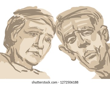 Sketch depicting two faces of old people in brown