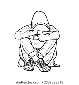 Sketch Depressed boy or man or guy sitting on the ground in white Background vector modern illustration