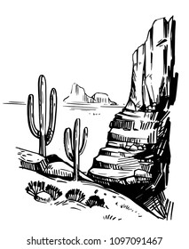 Sketch of the desert of America with cacti. Prairie landscape. Hand drawn vector illustration