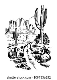 Sketch of the desert of America with cacti. Prairie landscape. Hand drawn vector illustration