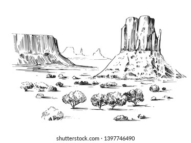 Sketch of the desert of America with cacti. Prairie landscape. Hand drawn vector illustration