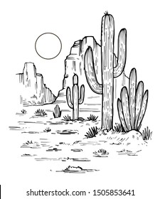 Sketch of the desert of America with cacti. Prairie landscape. Hand drawn vector illustration