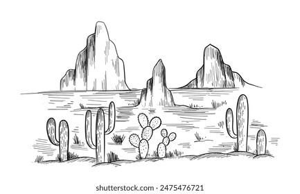 Sketch of the desert of America with cacti. Prairie landscape. Hand drawn vector illustration