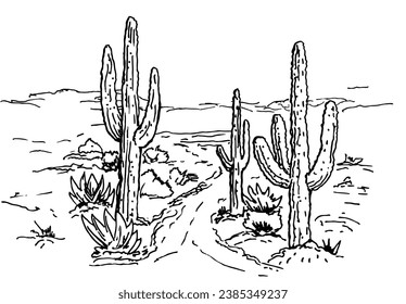 Sketch of the desert of America. Nature landscape american or mexican wild desert with stones, mountains and cactus, succulents. Prairie landscape. Hand drawn vector illustration