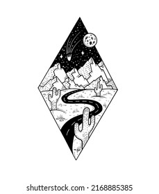 Sketch of desert landscape with cactuses, mountains and road at night. Vector engraving art illustration in diamond shape with rock range, desert, moon and stars in sky