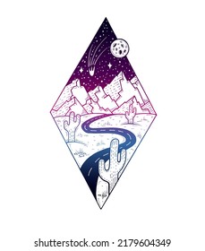 Sketch of desert landscape with cactuses, mountains and road at night. Vector engraving art illustration in diamond shape with rock range, desert, moon and stars in sky