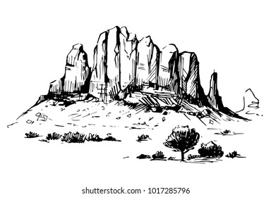 Sketch of the desert of South America with cacti. Prairie landscape. Hand drawn vector illustration