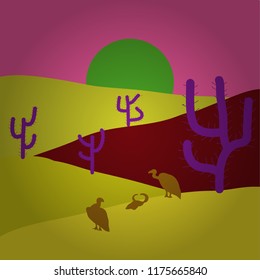 Sketch of the desert of South America with cacti. Prairie landscape on yellow, pink and red colors. Hand drawn Vector illustration.