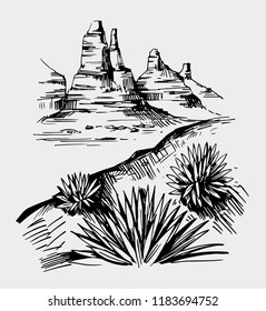 Sketch of the desert of South America. Prairie landscape. Hand drawn vector illustration