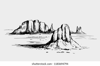 Sketch of the desert of South America. Prairie landscape. Hand drawn vector illustration