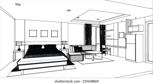 sketch design of bedroom interior ,vector 