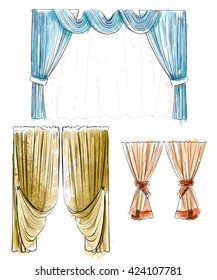 Sketch design curtains windows. Background for use in design, web site, packing, textile, fabric decorative elements for interior.  Curtain draped with lambrequins isolated on a white 