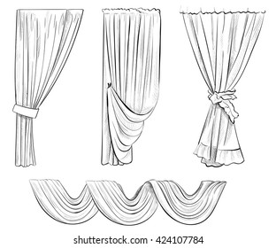 Sketch design curtains windows. Background for use in design, web site, packing, textile, fabric decorative elements for interior.  Curtain draped with lambrequins isolated on a white 